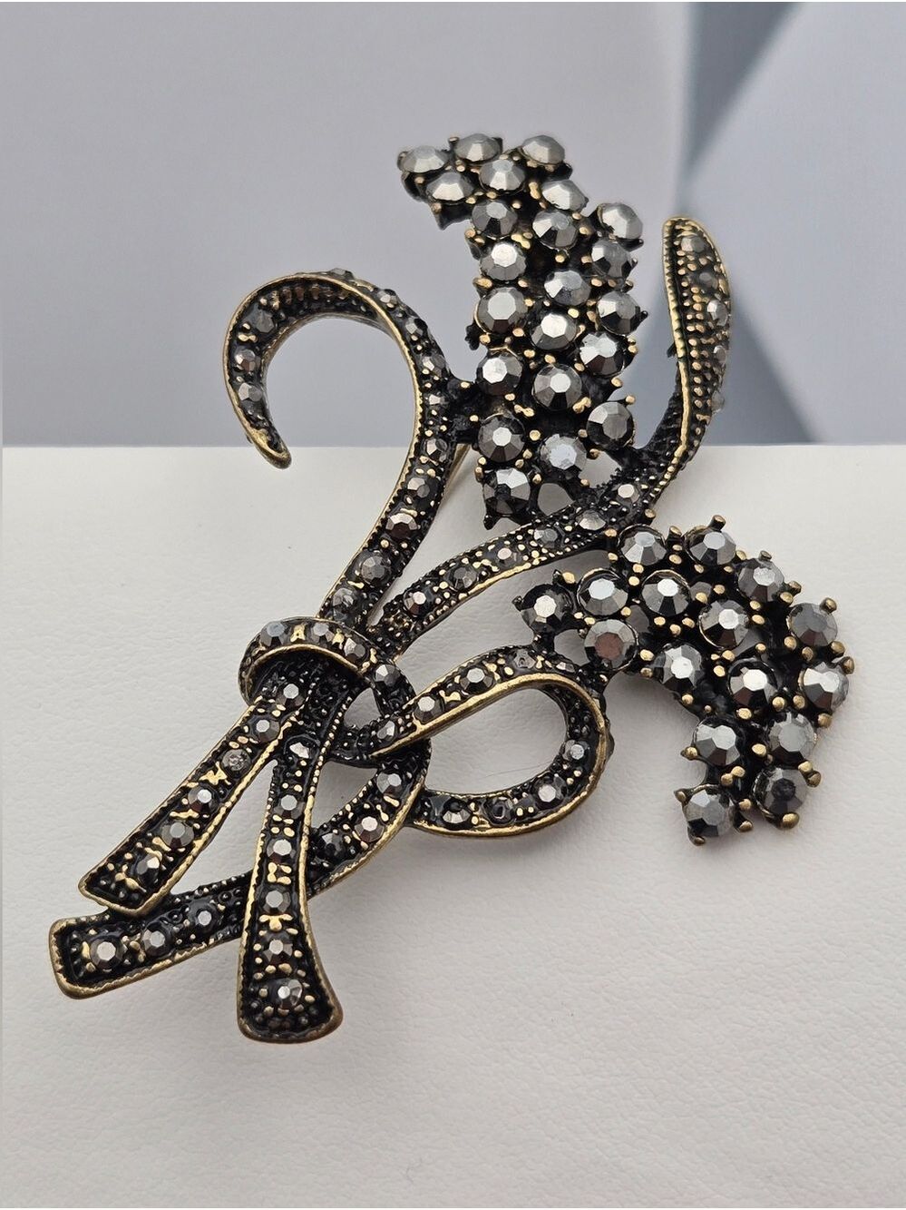 Marcasite Floral Bouquet Brooch Gold Tone Bow Art Deco Style 2.5" Vintage